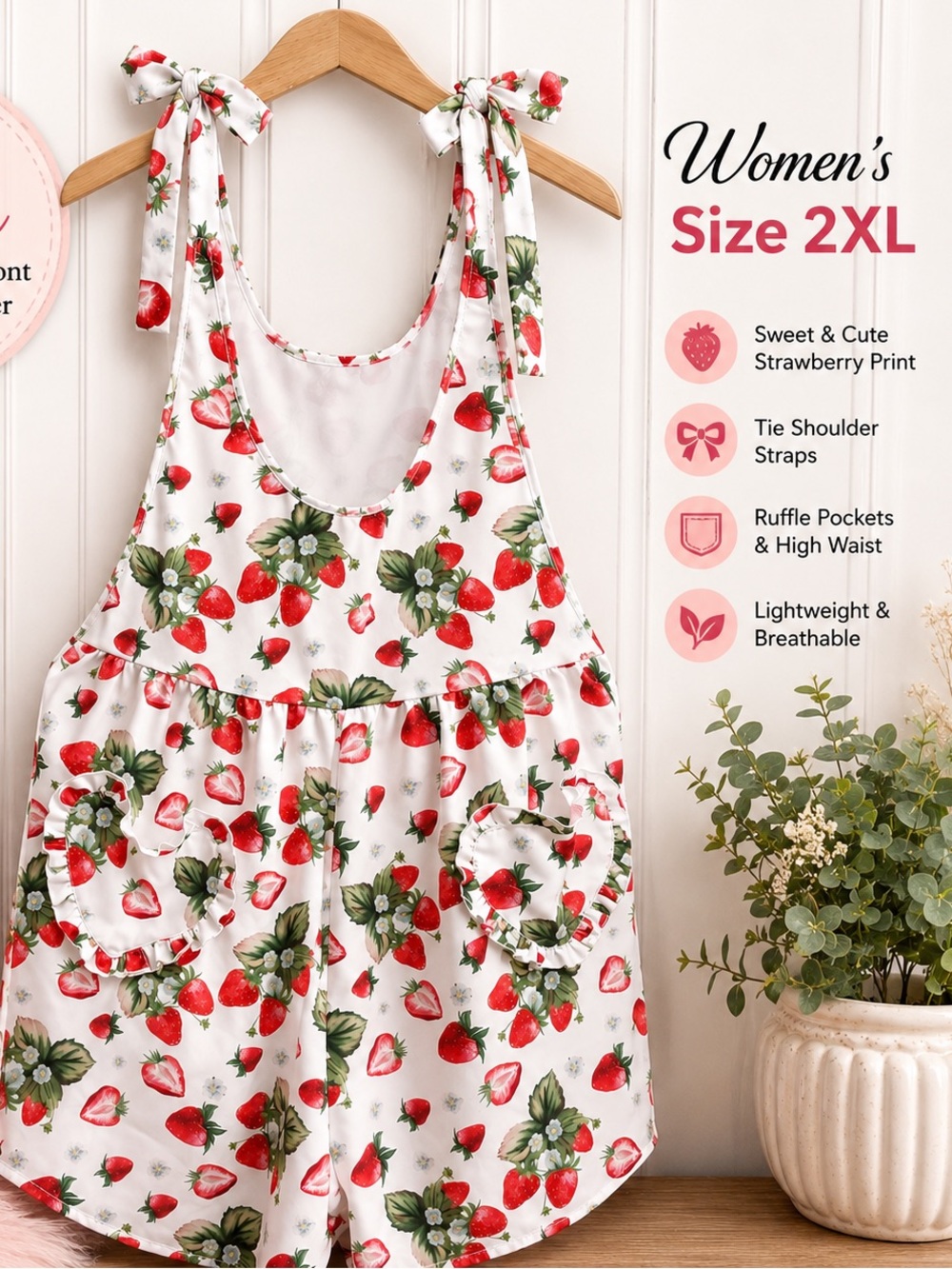Strawberry Tie-Shoulder Jumpsuit Romper in White with Red & Pink Strawberries